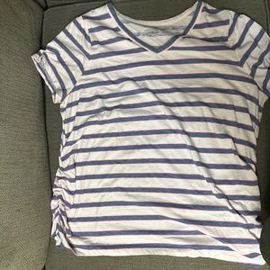 Blue and pink striped white t-shirt v-neckline